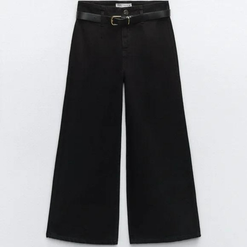 ZARA Z1975 BELTED HIGH RISE CROPPED WIDE LEG JEANS
